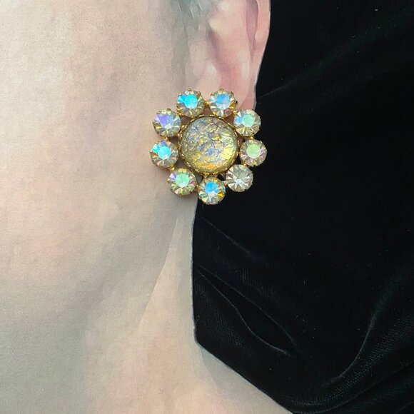 Vintage Dragon's Breath Opal Cab and AB Rhinestone Clip On Earrings - Picture 2 of 4